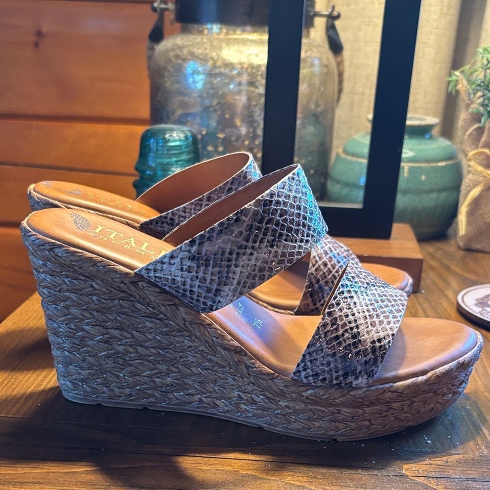 Italian Shoemakers Snakeskin Wedges - Brown and Cream - Picture 8 of 9